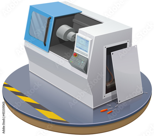 Numerically controlled machine tool with its hatch open for maintenance and repair (cut out)