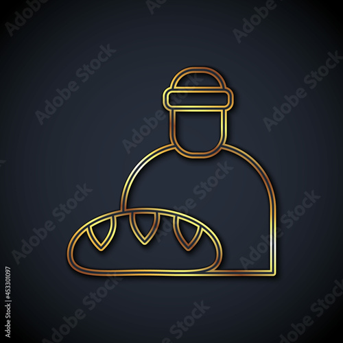 Gold line Feeding the homeless icon isolated on black background. Help and support. Giving food to the hungry concept. Vector