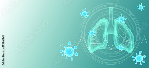 Illustration of background  Lung virus.  Covid-19 virus cells in human lungs. Infected Coronavirus 2019-nCov lungs medical concept. Vector illustration.