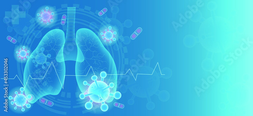 Illustration of background  Lung virus.  Covid-19 virus cells in human lungs. Infected Coronavirus 2019-nCov lungs medical concept. Vector illustration.