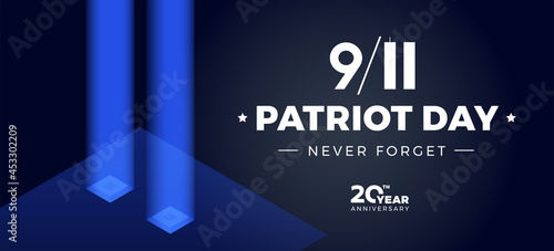 9 11 Patriot Day memorial 20th anniversary banner - vector illustration 911 twin towers in blue lights