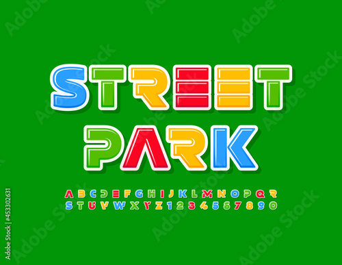 Vector colorful emblem Street Park. Futuristic bright Font. Creative Alphabet Letters and Numbers set