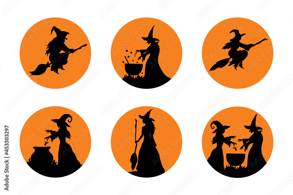 Halloween vector sticker set with witches. Decoration for Halloween party.