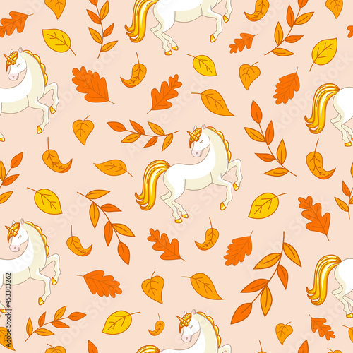 Autumn seamless pattern with a unicorn and leaves. For fabric, wrapping paper, background, wallpaper