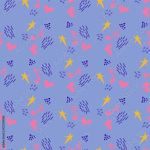 Cartoon cute doodles hand drawn Musical seamless pattern. Colorful detailed, with lots of objects background.