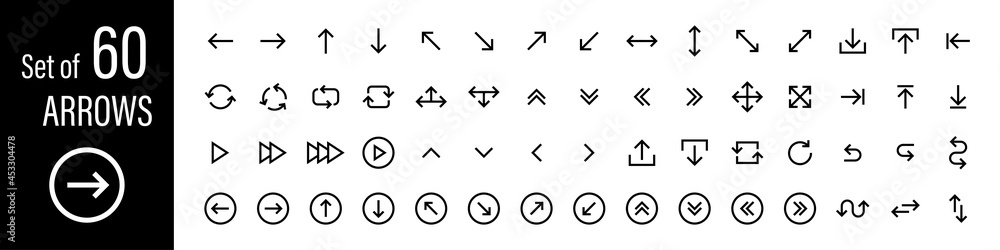 Arrows set of 60 black icons. Arrow icon. Arrow vector collection. Arrow. Cursor. Modern simple arrows. Vector illustration. Arrows set of 60 black icons. Arrow icon. Arrow vector collection. Arrow. Cursor. Modern simple arrows. Vector illustration.