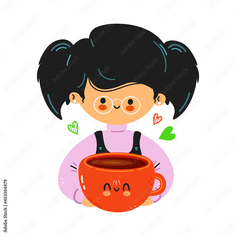 Young cute funny little girl hold cup of coffee. Little girl hugs cute cup of coffee. Isolated on white background Young cute funny little girl hold cup of coffee. Little girl hugs cute cup of coffee. Isolated on white background
