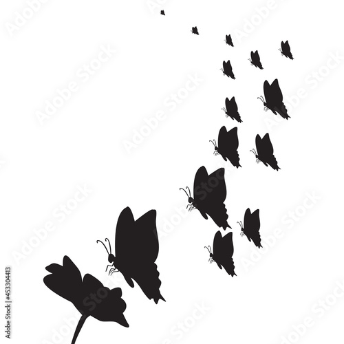 silhouette, beautiful butterfly, isolated in white color that invades flowers