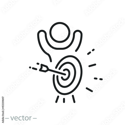 success achieve target icon, focus organization for business, objective leader vision, strategy work, pappy winner businessman, thin line symbol on white background - editable stroke vector