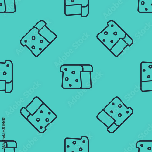 Black line Bread toast for sandwich piece of roasted crouton icon isolated seamless pattern on green background. Lunch, dinner, breakfast snack. Vector