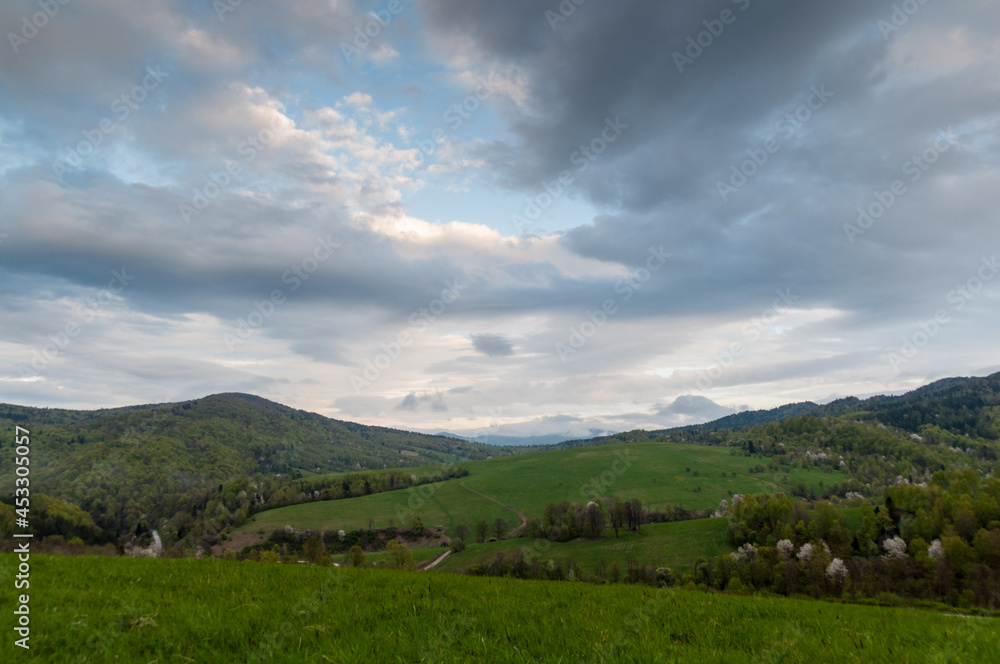 View of the villages of Tysków and Radziejów and the peaks of the high Bieszczady Mountains, Bieszczady Mountains, Baligród View of the villages of Tysków and Radziejów and the peaks of the high Bieszczady Mountains, Bieszczady Mountains, Baligród