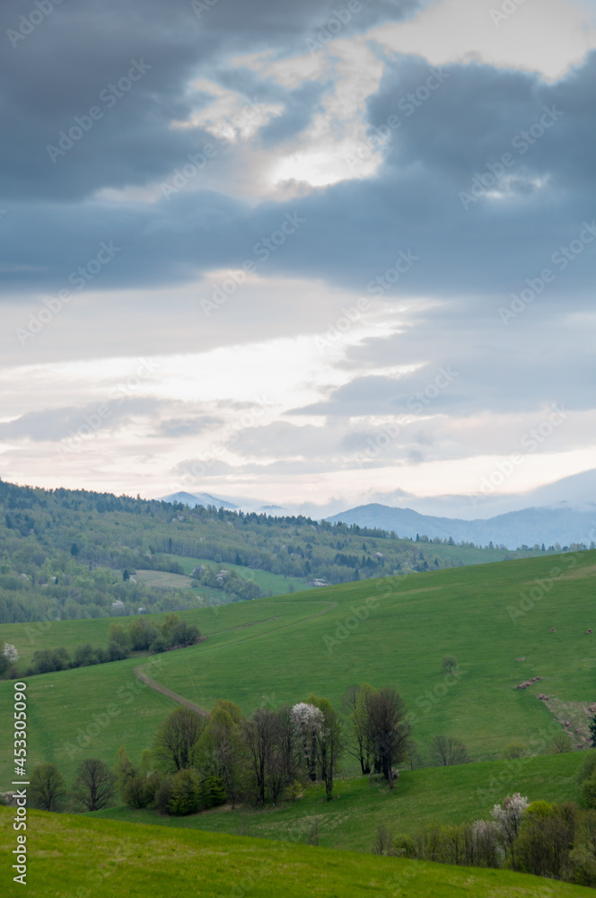 Obraz premium View of the villages of Tysków and Radziejów and the peaks of the high Bieszczady Mountains, Bieszczady Mountains, Baligród