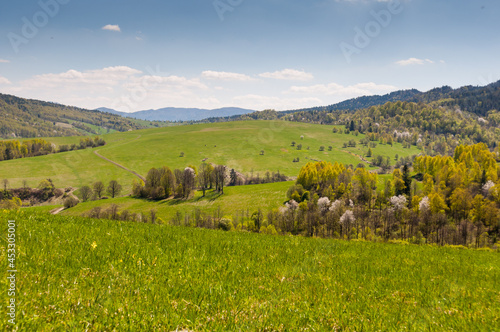 View of the villages of Tysków and Radziejów and the peaks of the high Bieszczady Mountains, Bieszczady Mountains, Baligród