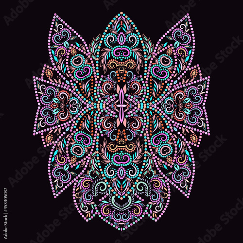 The neckline - dotted ethnic design. Floral colorful traditional pattern. Vector print with decorative elements and beads for embroidery, for women's clothing.