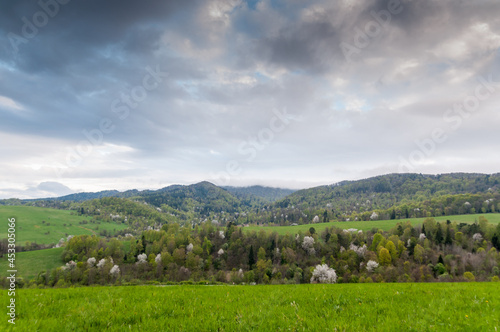 View of the villages of Tysków and Radziejów and the peaks of the high Bieszczady Mountains, Bieszczady Mountains, Baligród