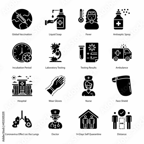 COVID Protection Measures Glyph Icons - Solid, Vectors