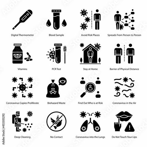 COVID Protection Measures Glyph Icons - Solid, Vectors