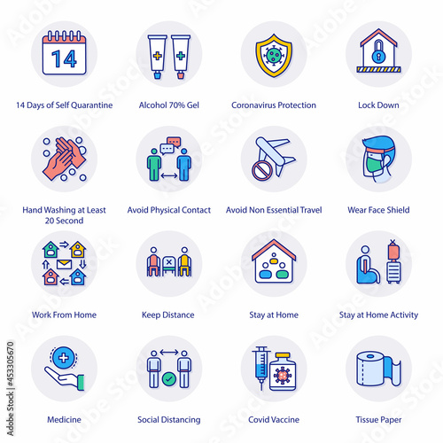 COVID Protection Measures Flat Circle Icons - Vectors