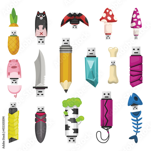 USB flash drive icons set. Cartoon symbols. Colored memory sticks isolated on white background in flat style