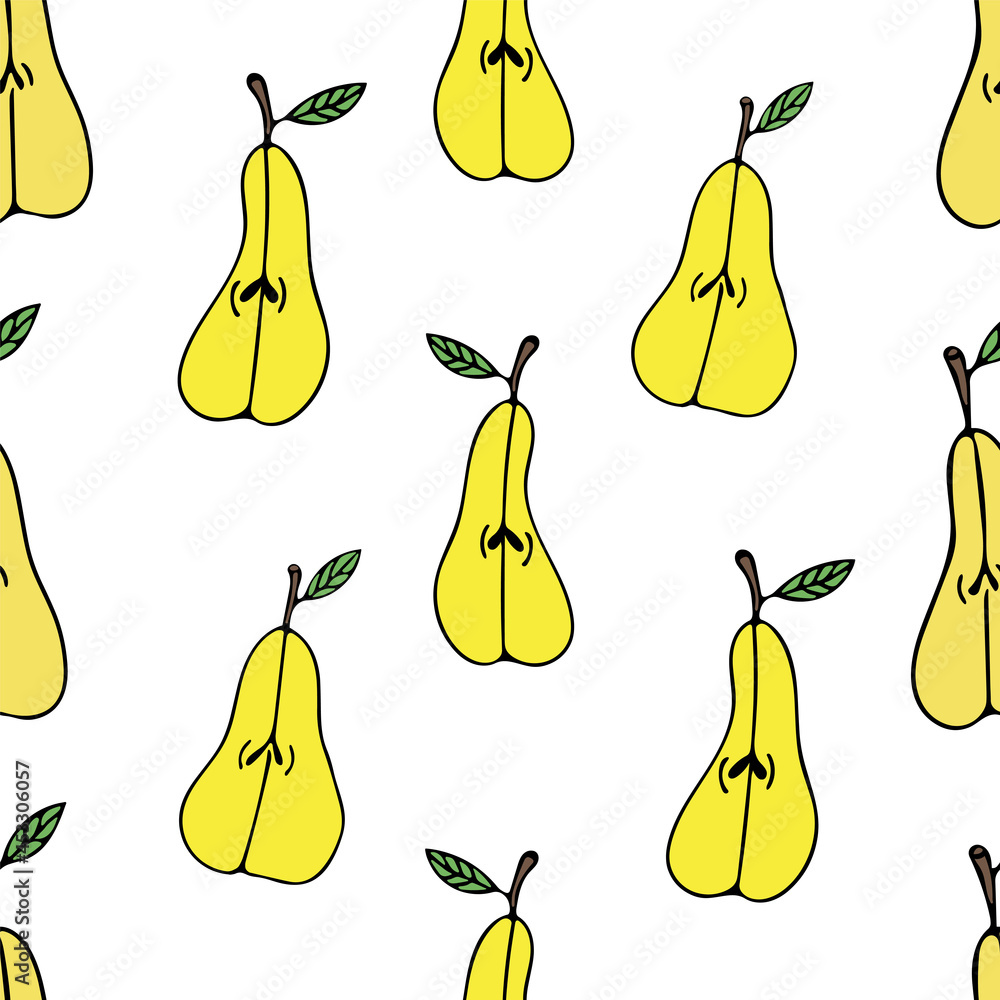 Seamless pattern with pears. Design element for fabric, textile, wrapping paper, food package, kitchen design. Seamless pattern with pears. Design element for fabric, textile, wrapping paper, food package, kitchen design.