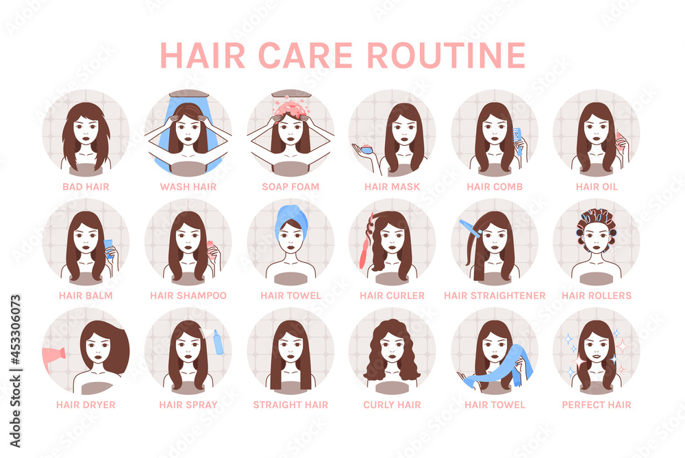 Hair Care Procedure. Set. Brunette Woman Washes Head, Applies Shampoo, Foam. Lady Uses a Hair Dryer, Curlers and does Hairstyle. Steps. Cartoon Line style. White background. Image for Beauty Design. Hair Care Procedure. Set. Brunette Woman Washes Head, Applies Shampoo, Foam. Lady Uses a Hair Dryer, Curlers and does Hairstyle. Steps. Cartoon Line style. White background. Image for Beauty Design.
