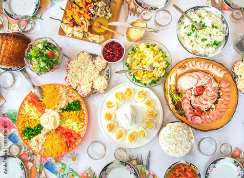 Traditional Ukrainian table for Easter, with a variety of dishes