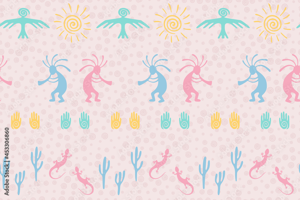 Folk, design with dancing god music spirit, wild nature, spiral signs. Folk, design with dancing god music spirit, wild nature, spiral signs.