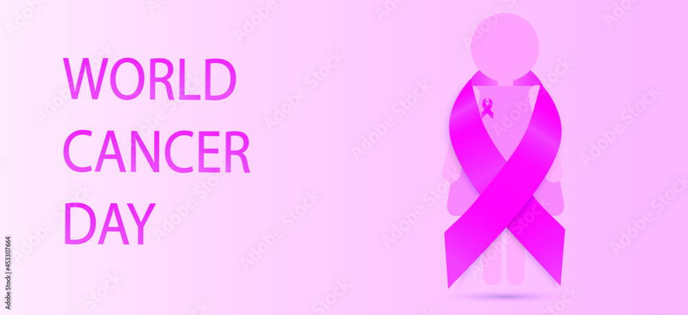 Illustration of Pink ribbon breast cancer sign with woman on a pink background,  World cancer day concept.