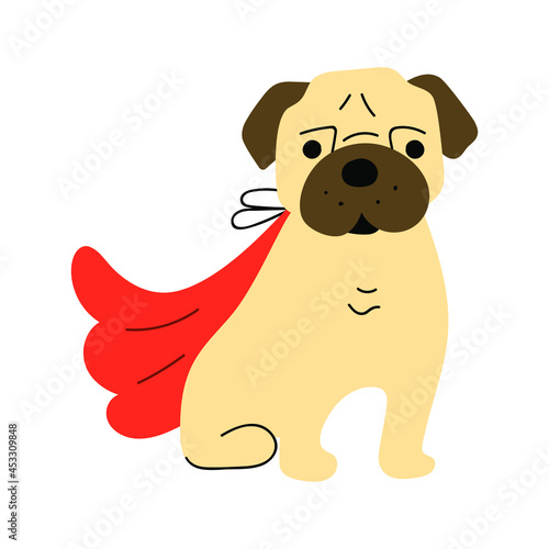 Pug wearing superhero cape. Hand drawn illustration on white background.