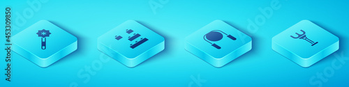 Set Isometric Magic wand, Toy building block bricks, Rake toy and Jump rope icon. Vector