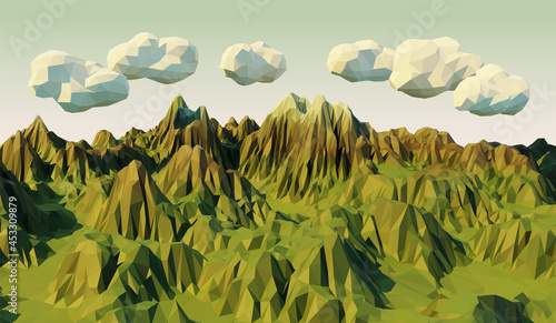 Low Poly Landscape of Green Mountain Range and Clouds