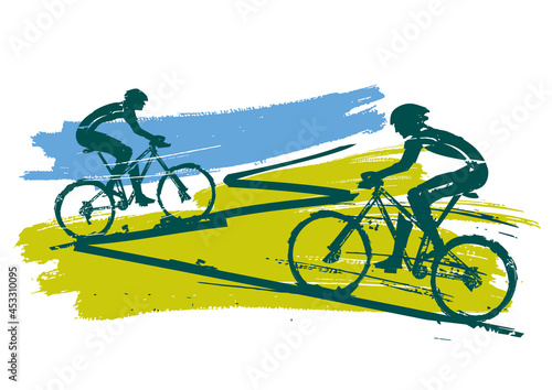  Mountain bikers, cycling race.
 Expressive grunge stylized illustration of mountain bike cyclists. Vector available.