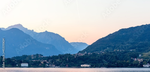 Morning sunrise on Lake Como. Summer seascape. Banner. Photo