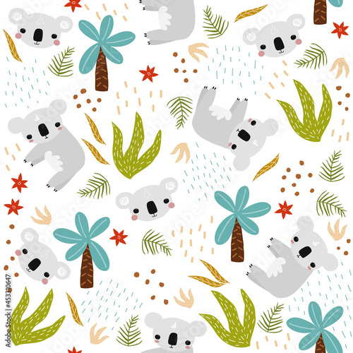 Seamless pattern with funny koala. Jungle kids prit. Vector hand drawn iustration.