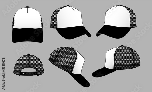 Black-White Trucker Style Cap With Mesh, Four Panel Back, and Adjustable Snap Back Strap Design on Gray Background, Vector File.
