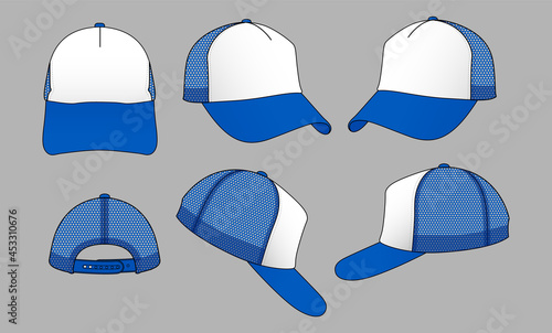 Blue-White Trucker Style Cap With Mesh, Four Panel Back, and Adjustable Snap Back Strap Design on Gray Background, Vector File.