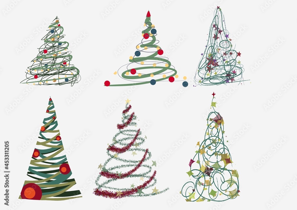 christmas tree set of different new year’s tree. Hand drawing, cartoon style pattern. Decorating elements for background christmas tree set of different new year’s tree. Hand drawing, cartoon style pattern. Decorating elements for background