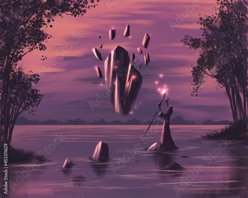 Wizard on the evening lake