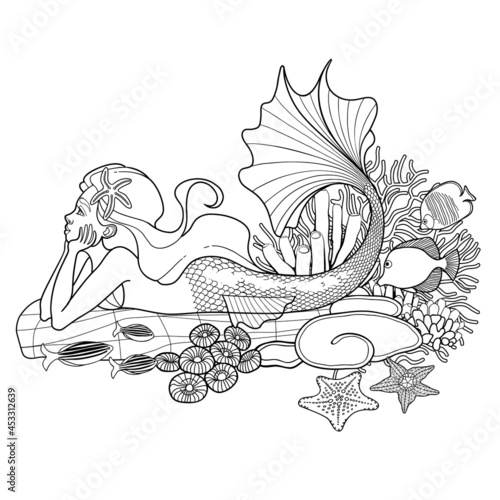 Graphic mermaid lies on the stone at the ocean sandy bottom among the coral reef plants and fish