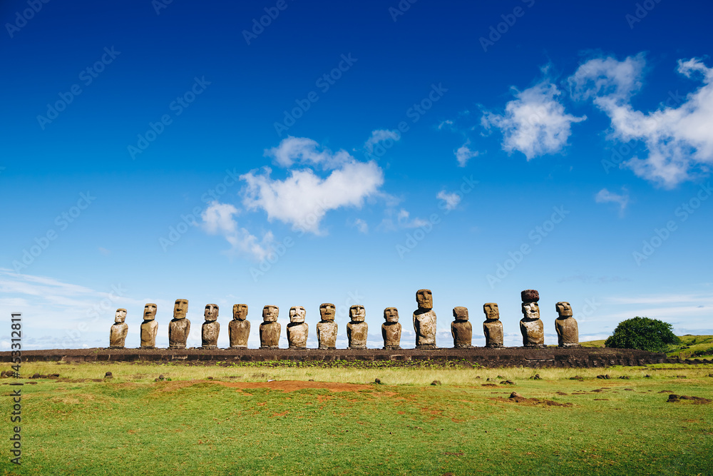 Moais statues on Ahu Tongariki - the largest ahu on Easter Island. Chile