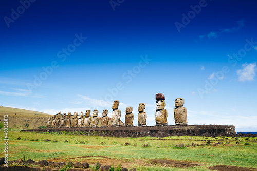 The most famous ancient moai of Ahu Togariki, on Easter Island, Chile