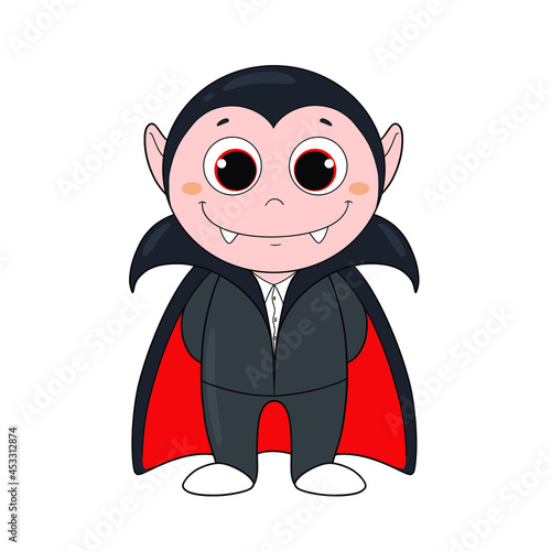 Have a fun Halloween holiday. Cute cartoon character on Halloween monster vampire Count Dracula in a black and red cape and fangs. A bloodthirsty man. Vector illustration on a white background.