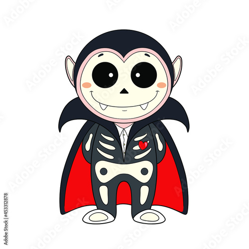 Happy Halloween. Cute skeleton. Cartoon character on Halloween monster vampire Count Dracula in a black and red cape and fangs. A bloodthirsty man. Vector illustration on a white background.