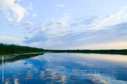 river in the morning sunrise clouds are reflected in the water reeds on the edges of the river selective focus © natka80