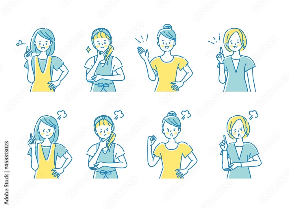 若い女性の表情セットのイラスト 若い女性の表情セットのイラスト