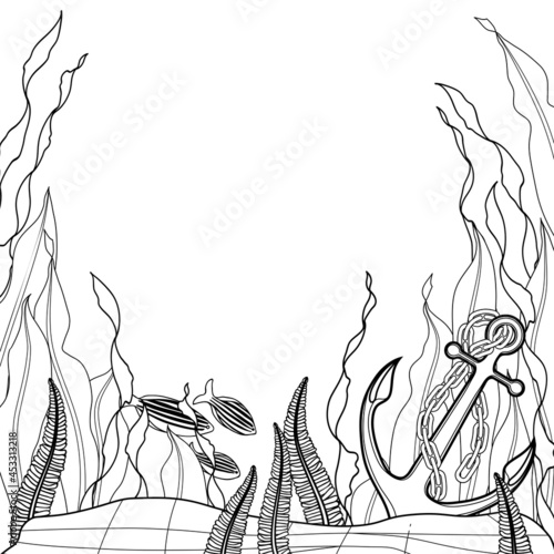 Underwater scene of graphic stones, anchor, seaweed and fish