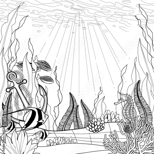 Underwater scene of graphic stones, anchor, seaweed and fish