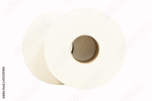 Toilet paper large or Tissue roll sanitary and household. Tissue is lightweight paper or light crepe paper. Isolated on white background. Close up detail of one single clean toilet paper roll. 