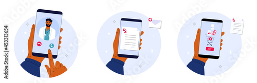 The patient makes a video call to the Indian doctor. Medical worker with a stethoscope. Online pharmacy. Female hand holds smartphone to buy pills. Mobile service for purchasing medicines.