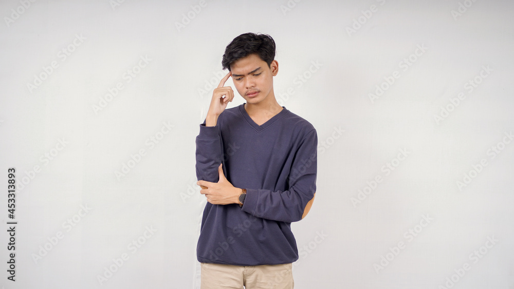 Asian man thinking about something isolated on white background Asian man thinking about something isolated on white background